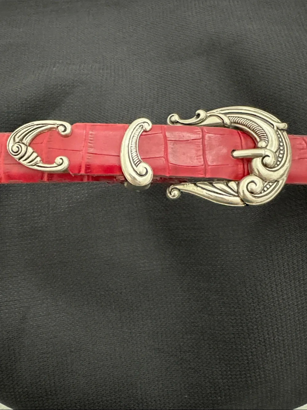 Women's Red Croc-Embossed leather Belt with Decorative Silver tone Buckle (mlb)